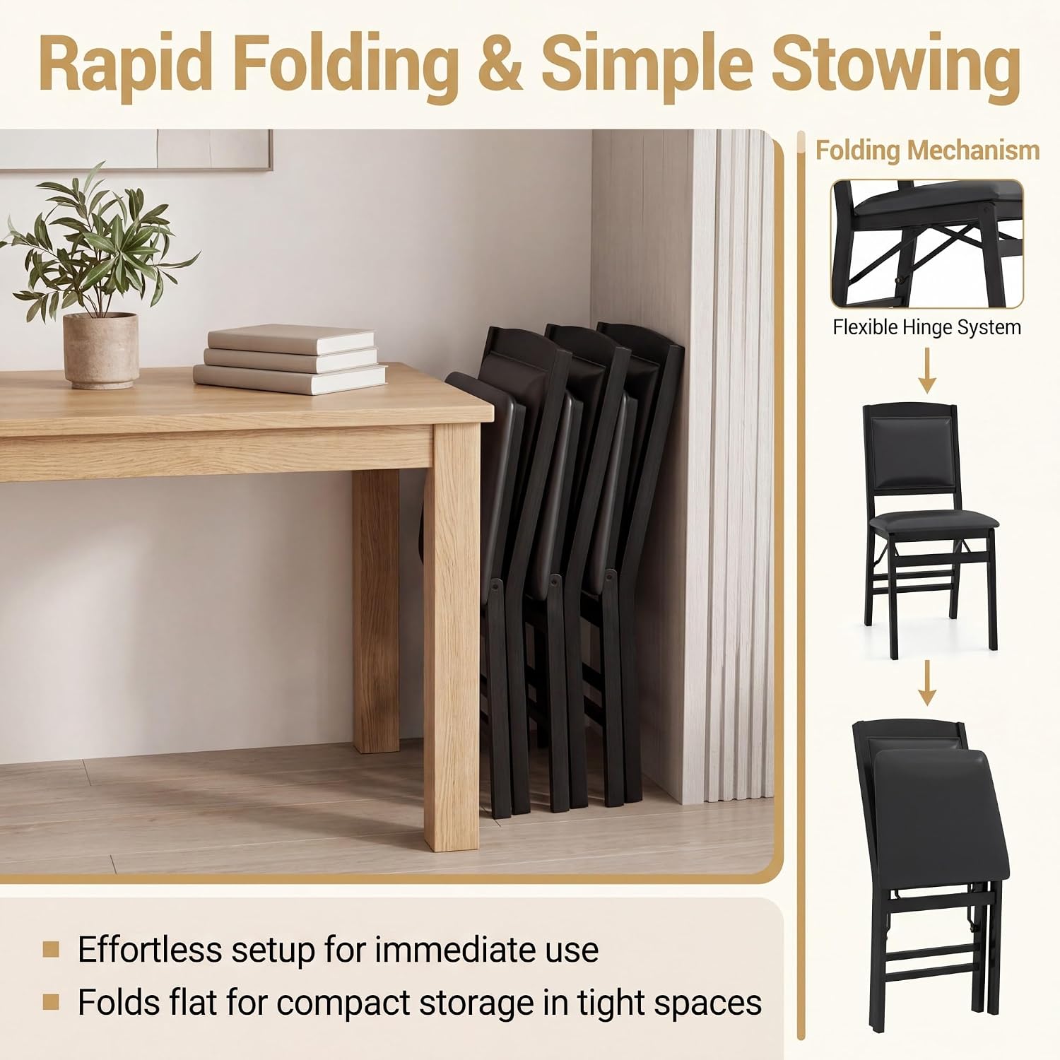 GOFLAME Folding Dining Chairs Set of 4, Faux Leather Upholstered Kitchen Chairs with Padded Seat and Backrest, Solid Wood Foldable Chairs for Living Room, Dining Room, Restaurant, Black