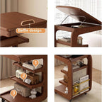 Solid Wood C Shaped End Table with Wheels,3 Layer Small Rolling Side Table Storage Rack,Couch Table with Adjustable Desktop,Mobile Storage Cabinet for Living Room and Bedroom,Brown,24.8in