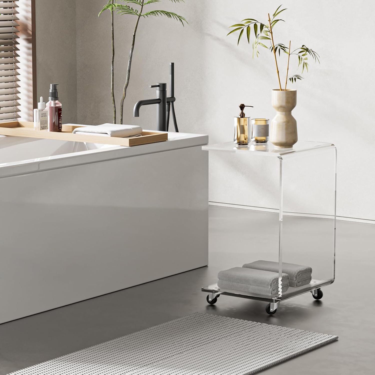Mobile Clear Acrylic C Table with Wheels, 13.8" L x 13" W x 22" H x 0.6" Thick C Shaped End Coffee Table, Modern Acrylic Sofa Side Table for Living Room, Bedroom, Office, Bedside