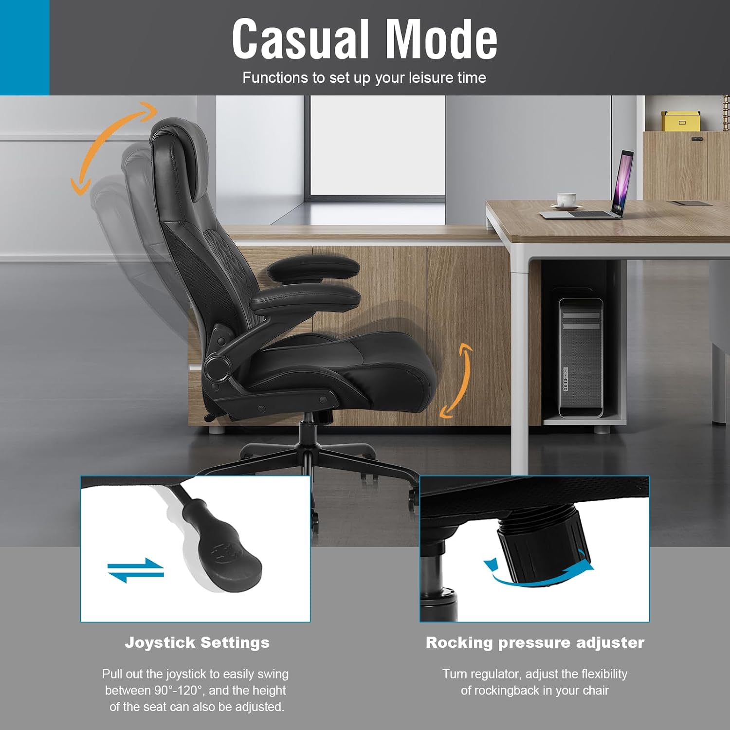 Flysky Executive Ergonomic Office Chair - Big and Tall Office Chair for Heavy People, PU Leather, Lumbar Support, Flip-up Armrest, High Back, Height Adjustable, Black