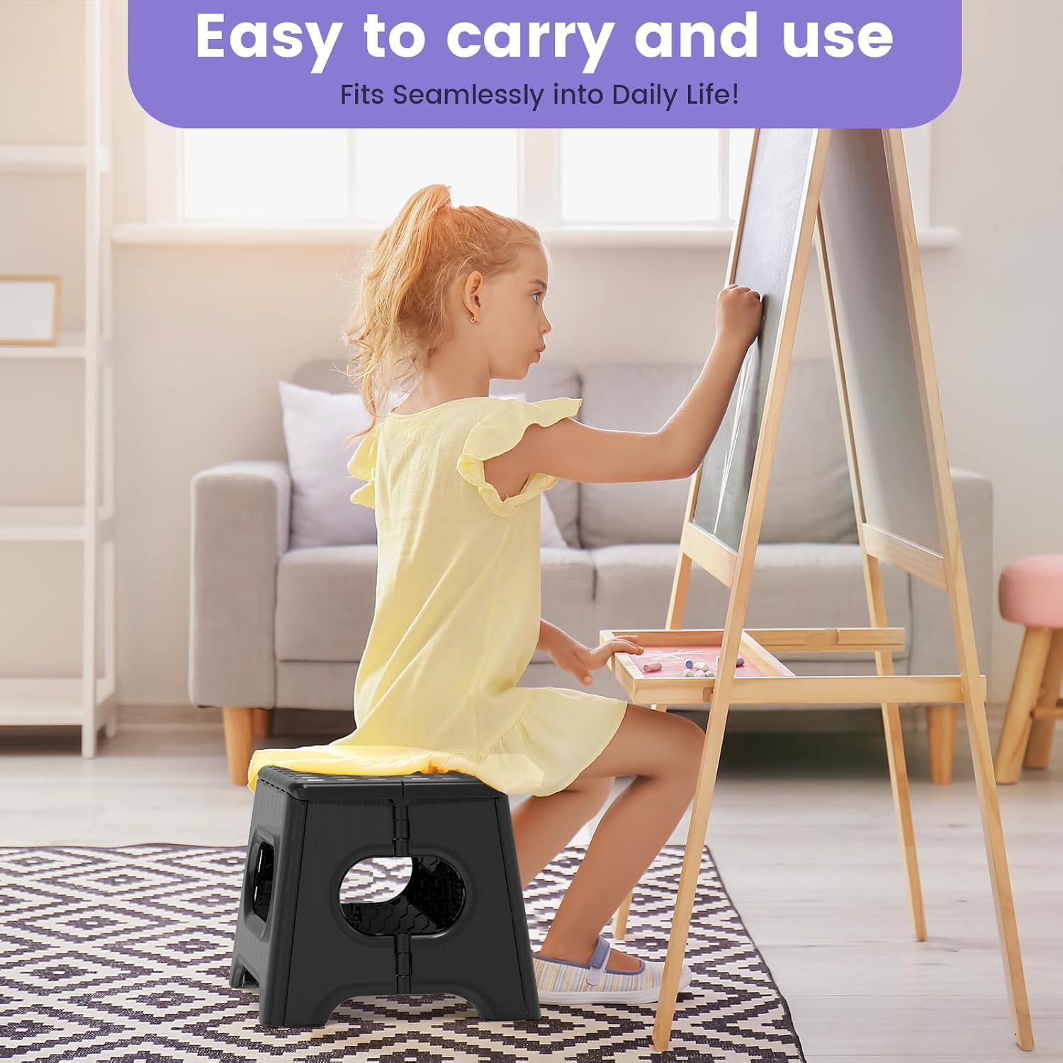HBTower Folding Step Stool 9 Inch - Holds 600 lb, Non-Slip Surface & Carry Handle - Sturdy Step Stool for Kids, Toddlers & Adults - Compact Foldable Foot Stool for Kitchen, Bathroom, Bedroom, Outdoor