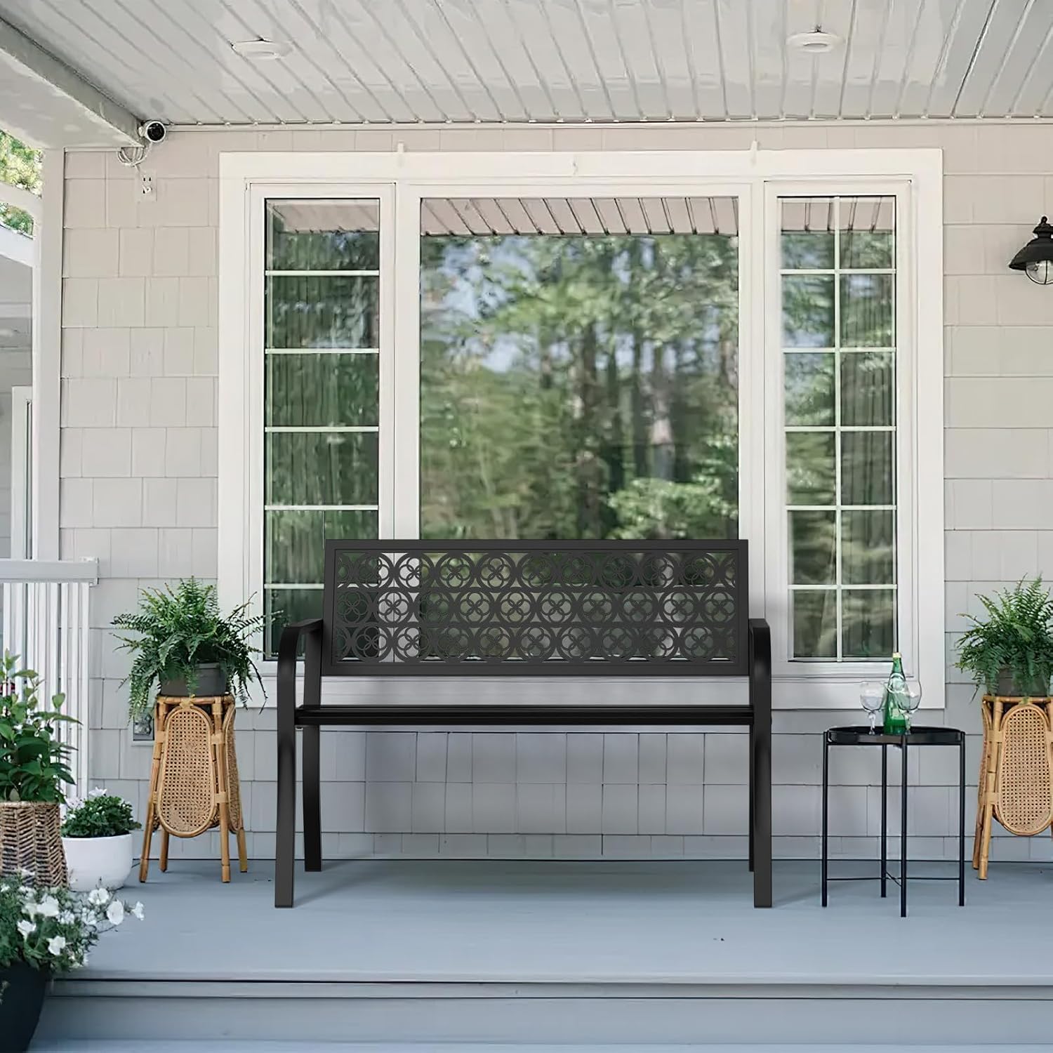 Outdoor Bench Garden Bench, 44" Anti-Rust Patio Bench Clearance, Iron Metal Frame Outdoor Benches Weatherproof for Front Porch, Yard, Lawn, Deck(Clover)