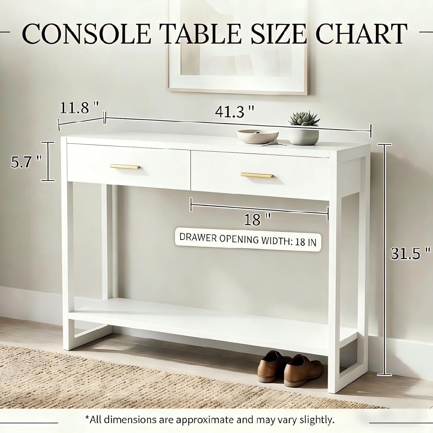 Slim Entryway Console Table with Foot-Sensor Light - 2 Deep Drawers & Open Center Shelf, Reinforced Legs & Comfortable Metal Handles, Multi-Scene Use for Hallway/Living Room/Small Apartment