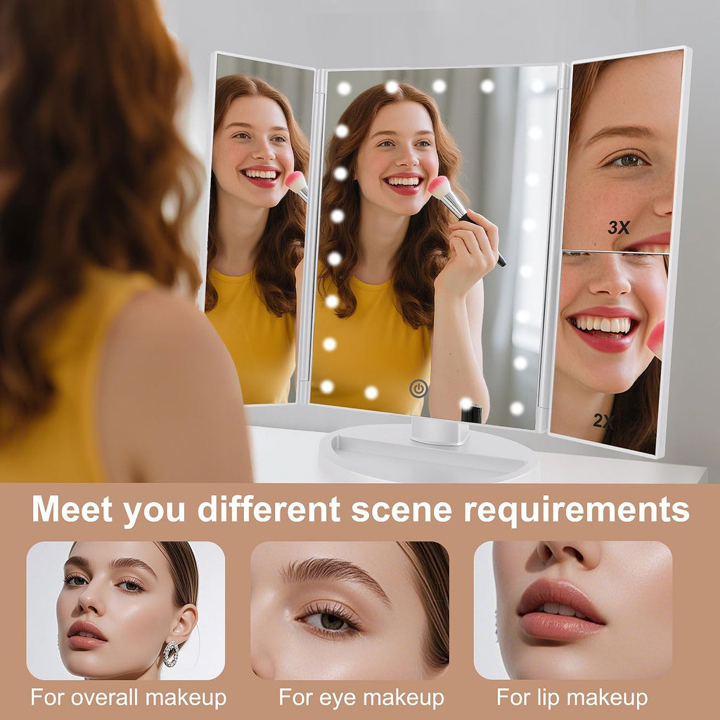deweisn Floor Mount Tri-Fold Lighted Vanity Mirror with 21 LED Lights, Touch Screen and 3X/2X/1X Magnification, Two Power Supply Modes Make Up Mirror,Travel Mirror