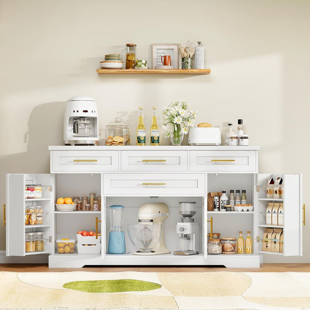 Concho 54" Buffet Cabinet with Storage, Kitchen Sideboards Small Coffee Bar Cabinet with 4 Drawers, Modern Kitchen Storage Cabinet for Living Room, Pure White