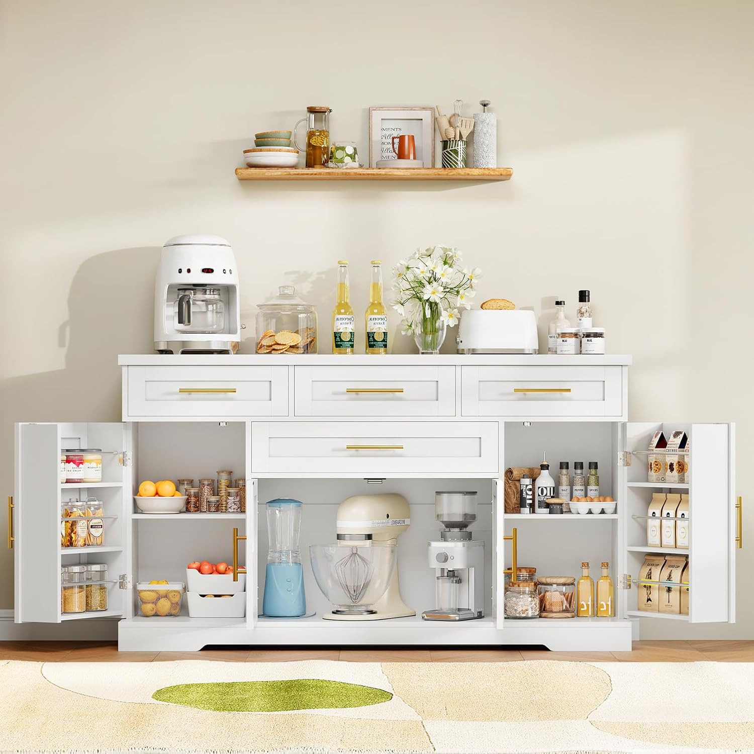 Concho 54" Buffet Cabinet with Storage, Kitchen Sideboards Small Coffee Bar Cabinet with 4 Drawers, Modern Kitchen Storage Cabinet for Living Room, Pure White