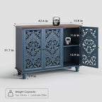 JOINICE Accent Cabinet with 3 Carved Doors, Distressed Sideboard Buffet with Storage & Solid Wood Legs, 43" Vintage Console Table for Living Room,Entryway,Coffee Bar,Hallway(Blue & Walnut)