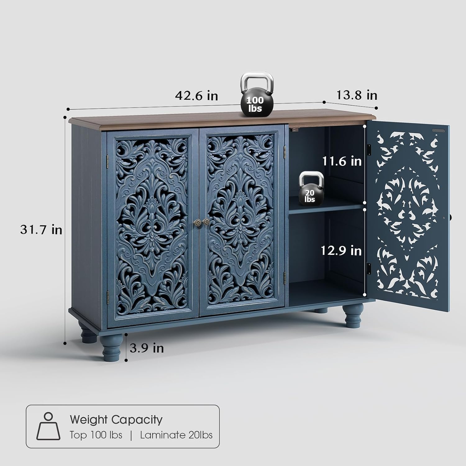 Jiansu furni Sideboard Buffet Cabinet with Storage, Accent Cabinet with 3 Doors and Adjustable Shelves,Buffet Table with Solid Wood Legs for Kitchen, Living Room, Hallway(Blue & Walnut)
