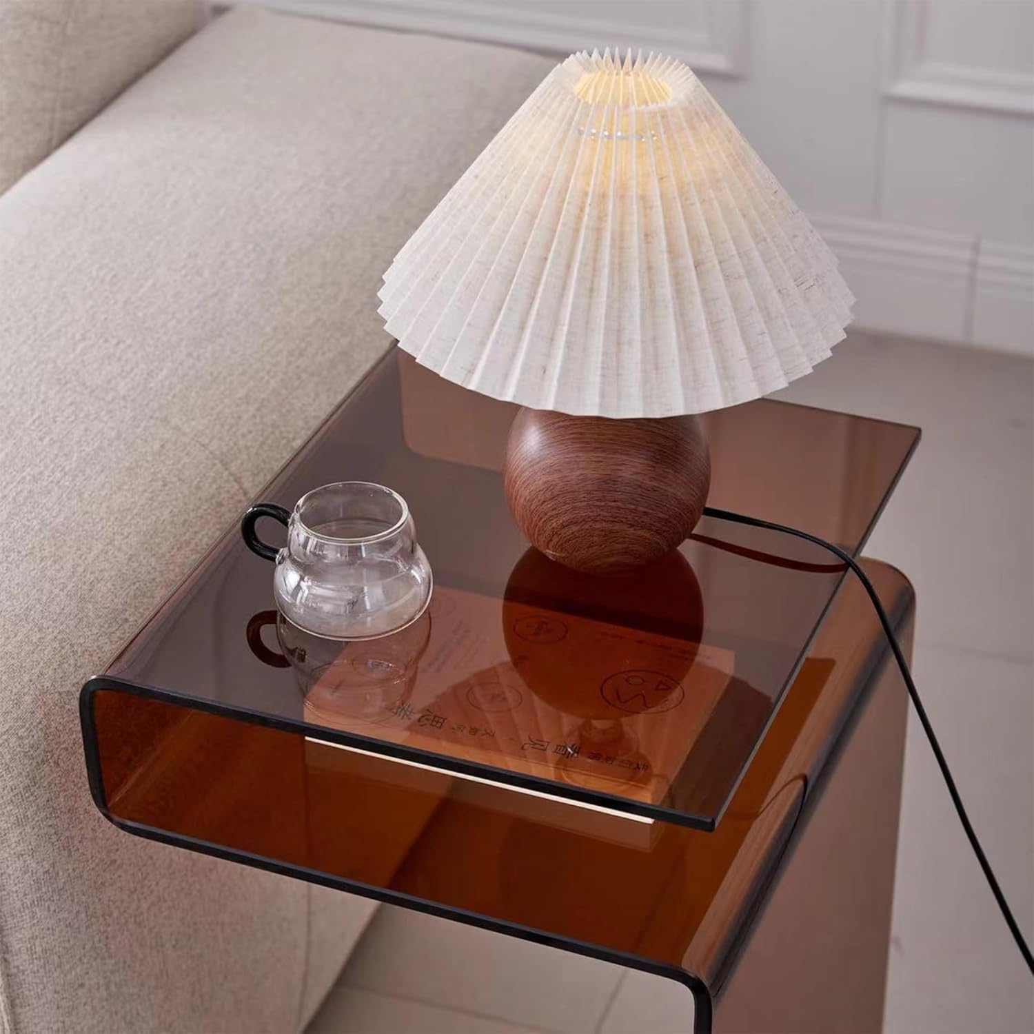 Glass Nightstand End Table, Amber Color S-Shape Bedside Tables, Modern Small Side Table for Living Room, Sofa Nightstand (Brown S-Shape)