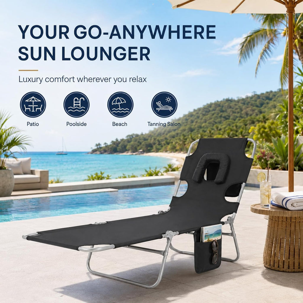 Tanning Chair, Folding Beach Lounge Chair with Face Hole and Arm Slots, 5-Position Adjustable Sun Tanning Chair with Pillow and Side Pocket, Portable Chaise Lounge for Patio Pool Outdoor, Black