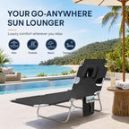 Tanning Chair, Folding Beach Lounge Chair with Face Hole and Arm Slots, 5-Position Adjustable Sun Tanning Chair with Pillow and Side Pocket, Portable Chaise Lounge for Patio Pool Outdoor, Black