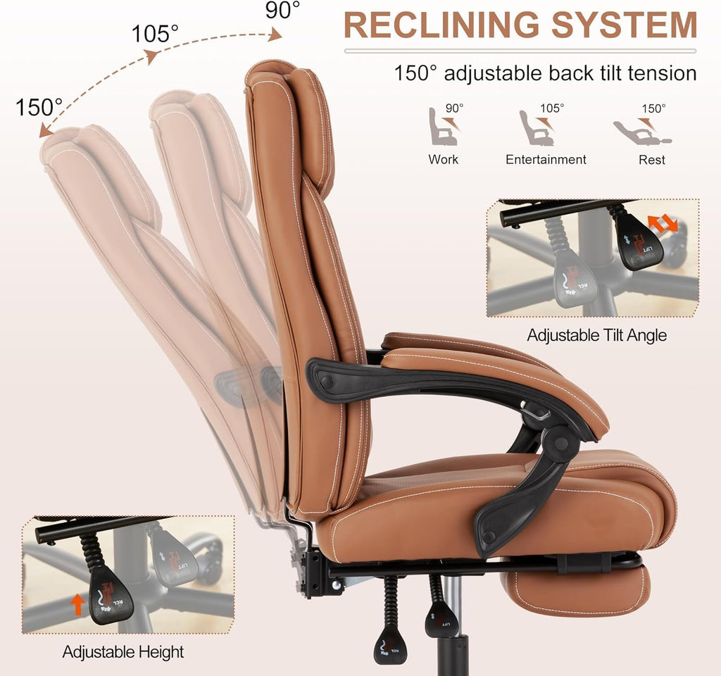Reclining Office Chair with Footrest,Ergonomic Home Office Desk Computer Chair with Lumbar Support,Thick Executive Leather Chair,90-155° Adjustable (Brown)