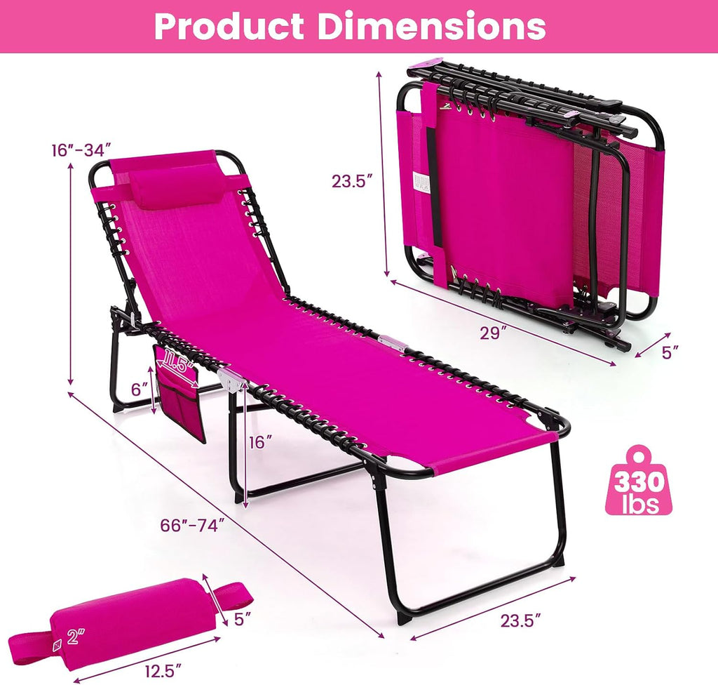 Goplus Folding Beach Lounge Chair w/Pillow for Patio Backyard Park Indoor and Outdoor, Adjustable 4-Level Backrest and 2-Level Footrest (Pink, 1 PCS Ordinary Size)