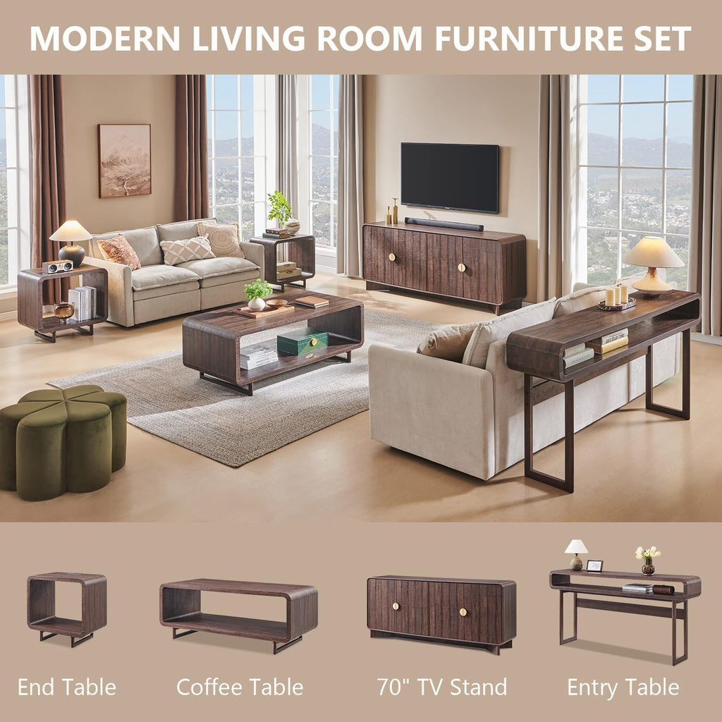 IFGET Modern Buffet Cabinet with Storage, 70" Large Sideboard Buffet Storage Cabinet with 4 Doors and Adjustable Shleves, Wooden Curved Coffee Bar for Dining Room, Kitchen, Living Room, Brown