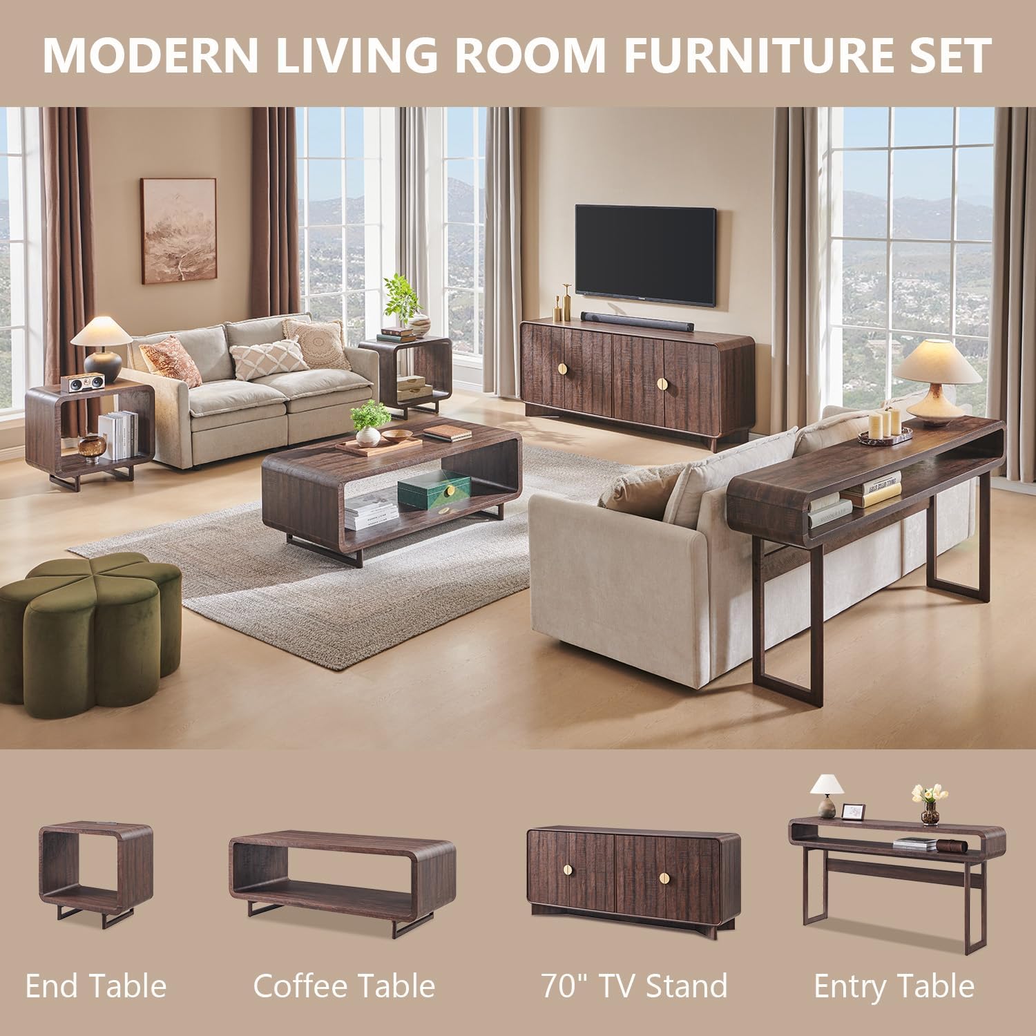 IFGET Modern Buffet Cabinet with Storage, 70" Large Sideboard Buffet Storage Cabinet with 4 Doors and Adjustable Shleves, Wooden Curved Coffee Bar for Dining Room, Kitchen, Living Room, Brown