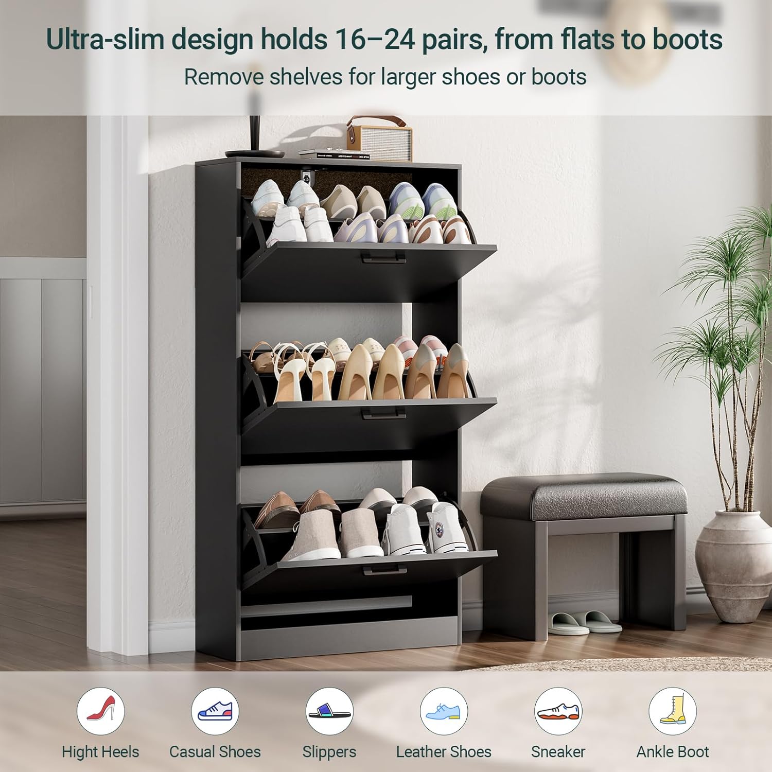 Shoe Cabinet with 3 Flip Drawers, Narrow Freestanding Shoe Organizer, Hidden Slim Shoe Storage Cabinet for Entryway, Hallway, Living Room, Black