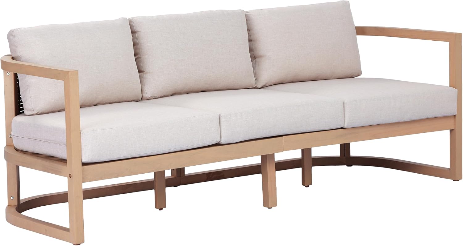 Christopher Knight Home Fido Acacia Wood Outdoor 3 Seater Sofa Cushion, Solid Wood Patio Sofa with Wicker Backrest, Comfy Lounge Sofa for Patio Furniture Set, Light Teak+Beige