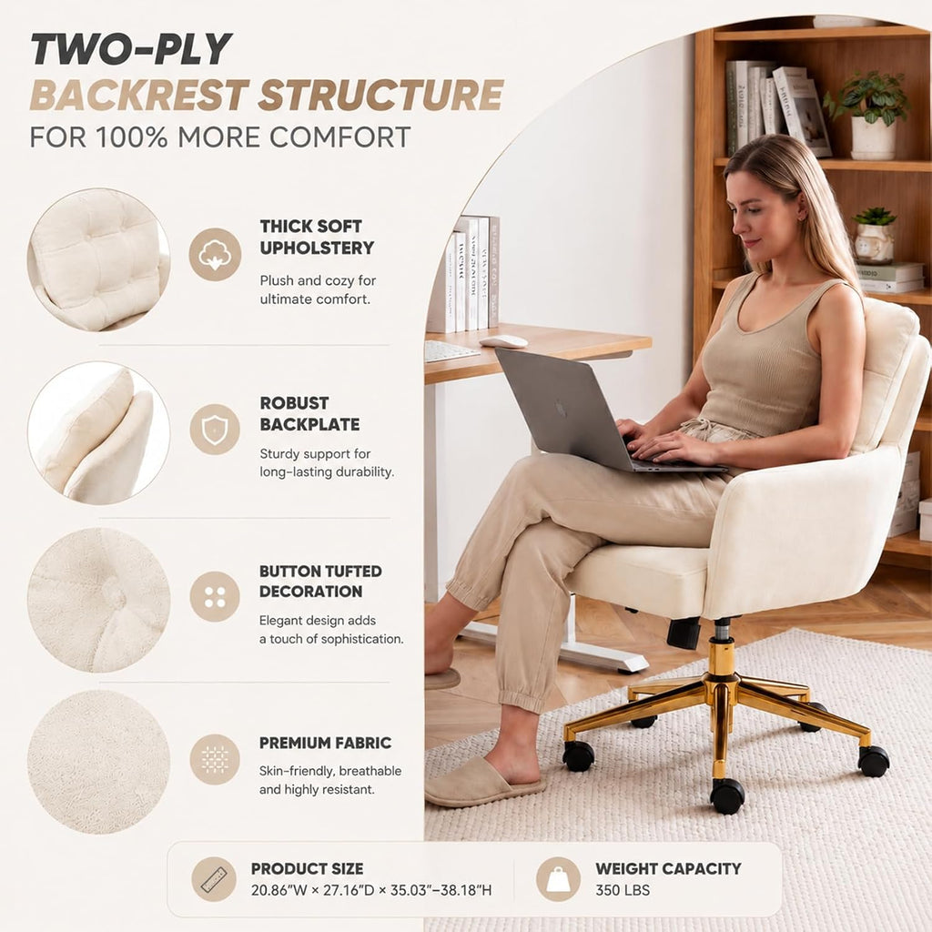 Modern Home Office Chair Velvet Desk Chair Accent Armchair Gold Legs Swivel Task Chair with Wheels Ergonomic Lumber and Back Support, Height Adjustable Flip-up for Living Room, Bedroom, Office,Study