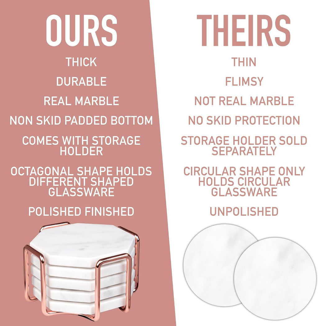 White Carrara Marble Coasters & Rose Gold Coaster Holder (Set of 5)- Durable, Thick Coasters - Protects Any Table Type & Fits Any Coffee Mug, Drinking Glass, Barware - Great Wedding
