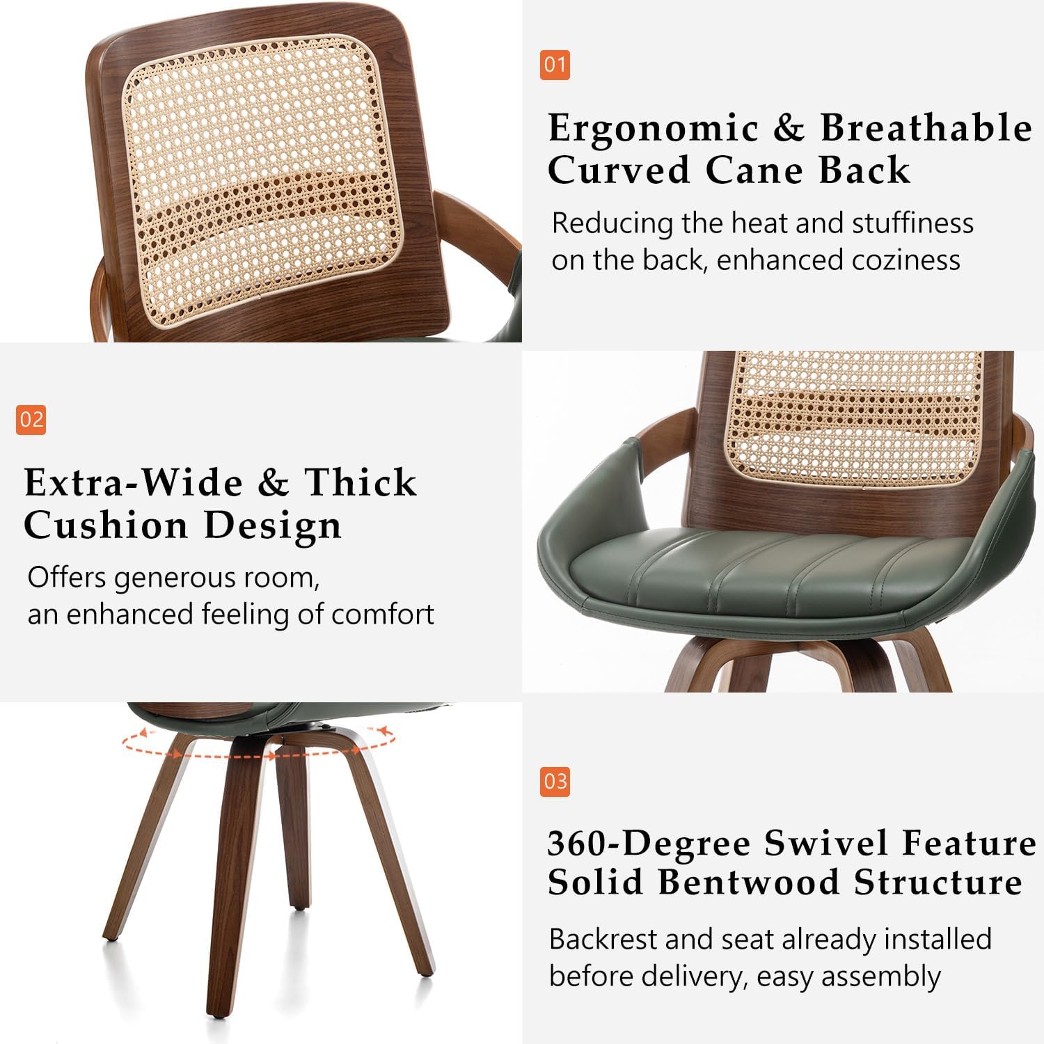 Set of 1 Swivel Rattan Dining Chair - Mid Century Modern Dining Chair with Bentwood Frame, Ergonomic Cane Back, Curved Arms, Faux Leather Swivel Chair for Kitchen/Restaurant (Walnut Green, Set of 1)