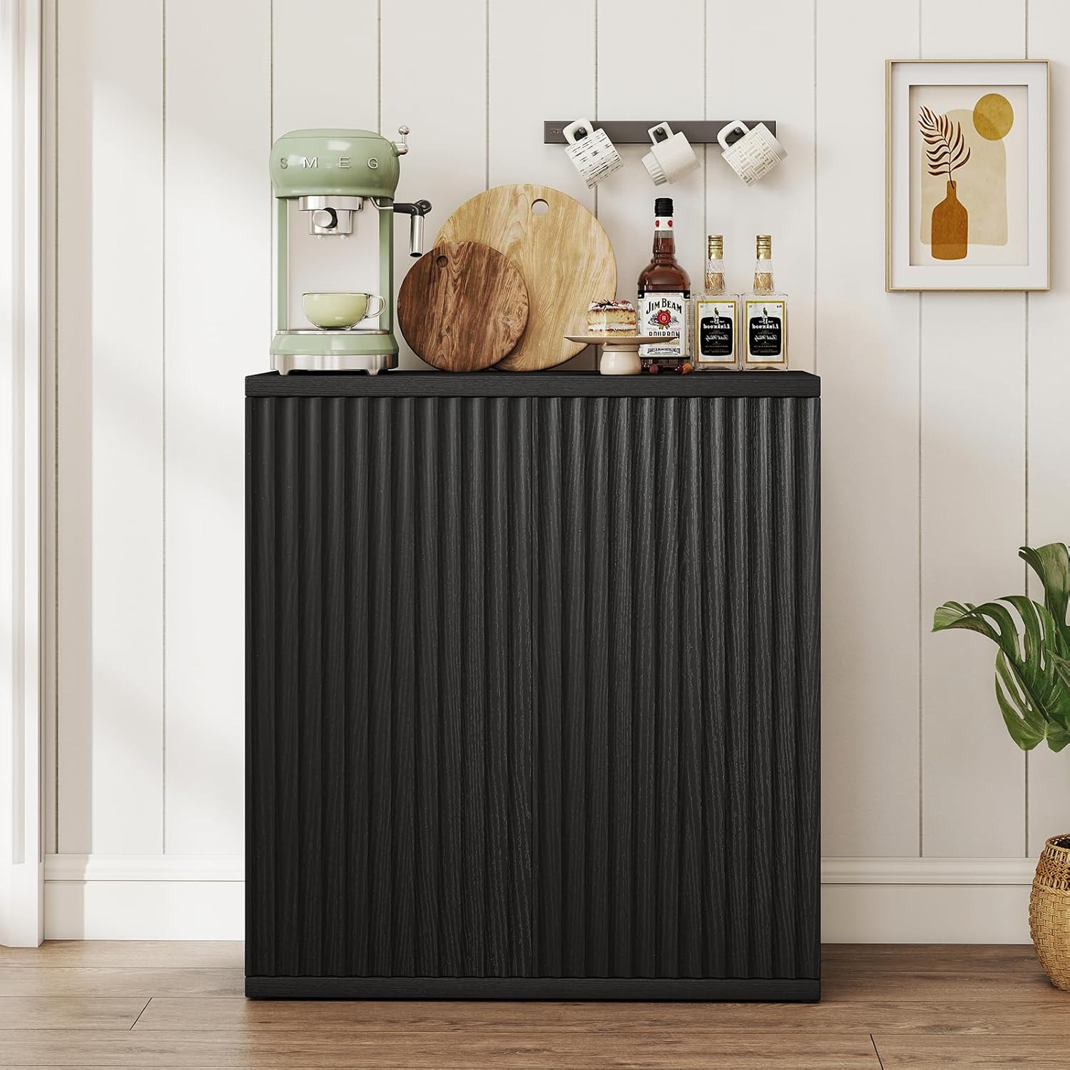 Fluted Sideboard Buffet Cabinet with Storage, Wood Sideboard Cabinet with Doors, Small Credenza Buffets & Sideboards for Kitchen, Accent Cabinets for Entryway Living Room Hallway Home, Black