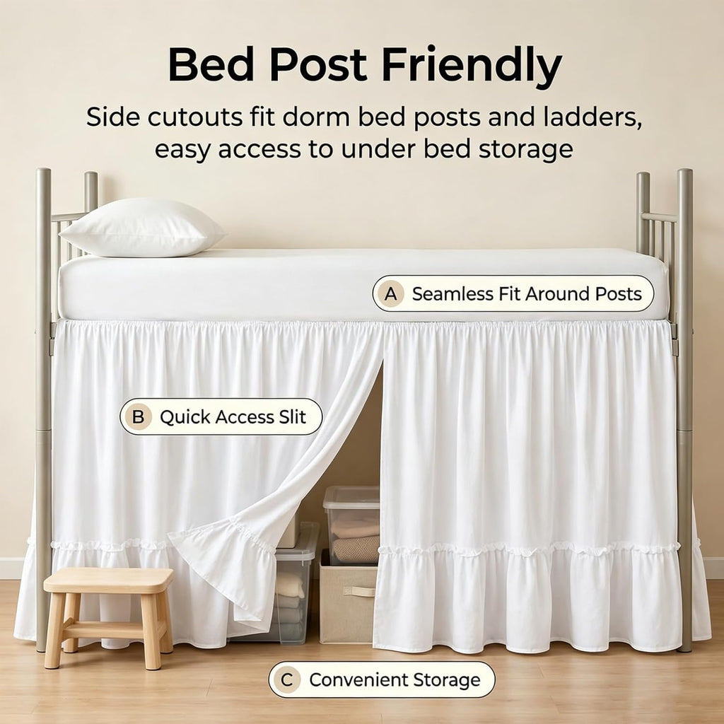 Breling White Ruffled Dorm Bed Skirt Twin XL 36 Inch Long Bed Skirt Dorm Solid Silky Fabric Machine Washable Split Corner Extra Long Wrap Around Elastic for Beds Room Bedding Decor