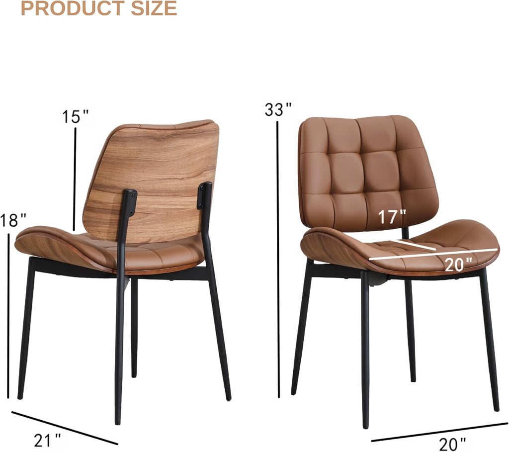 Upholstered Dining Chairs Set of 4, Mid Century Modern Faux Leather Dining Chairs with Walnut Bentwood Back and Metal Legs for Dining Room, Restaurant, Café, Brown