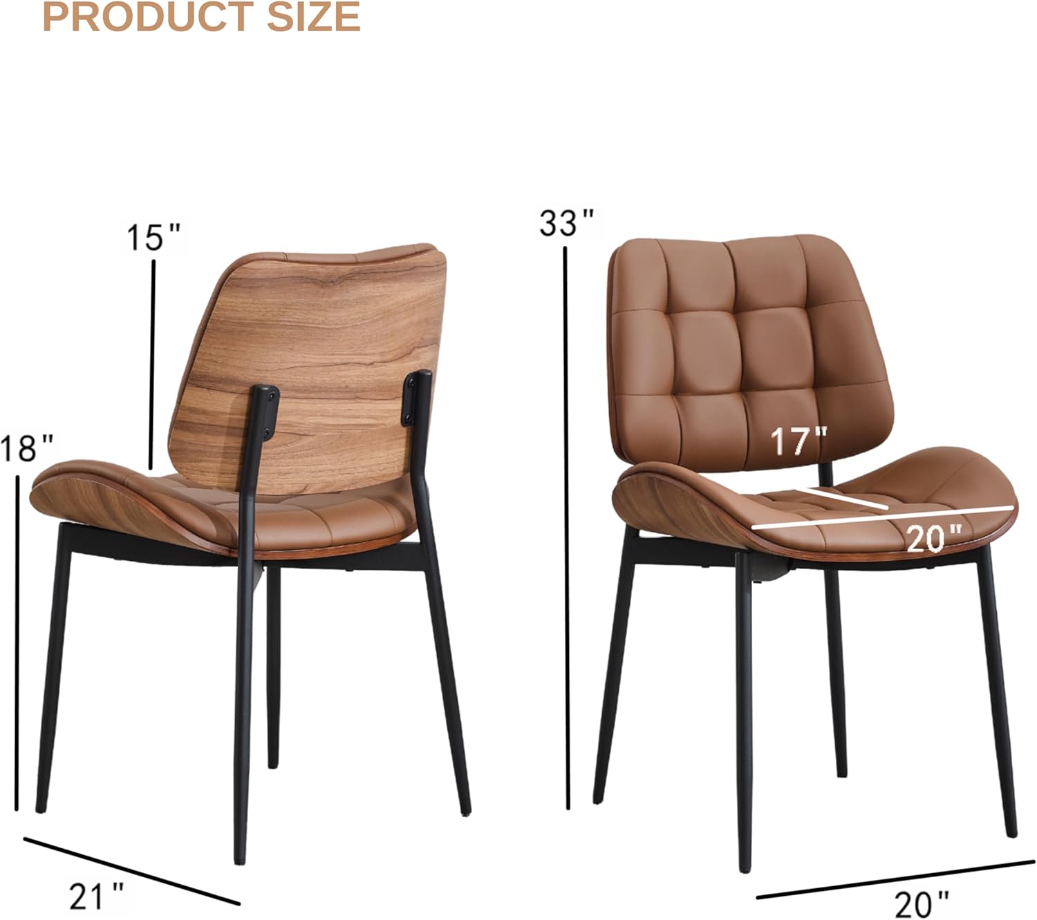Upholstered Dining Chairs Set of 4, Mid Century Modern Faux Leather Dining Chairs with Walnut Bentwood Back and Metal Legs for Dining Room, Restaurant, Café, Brown