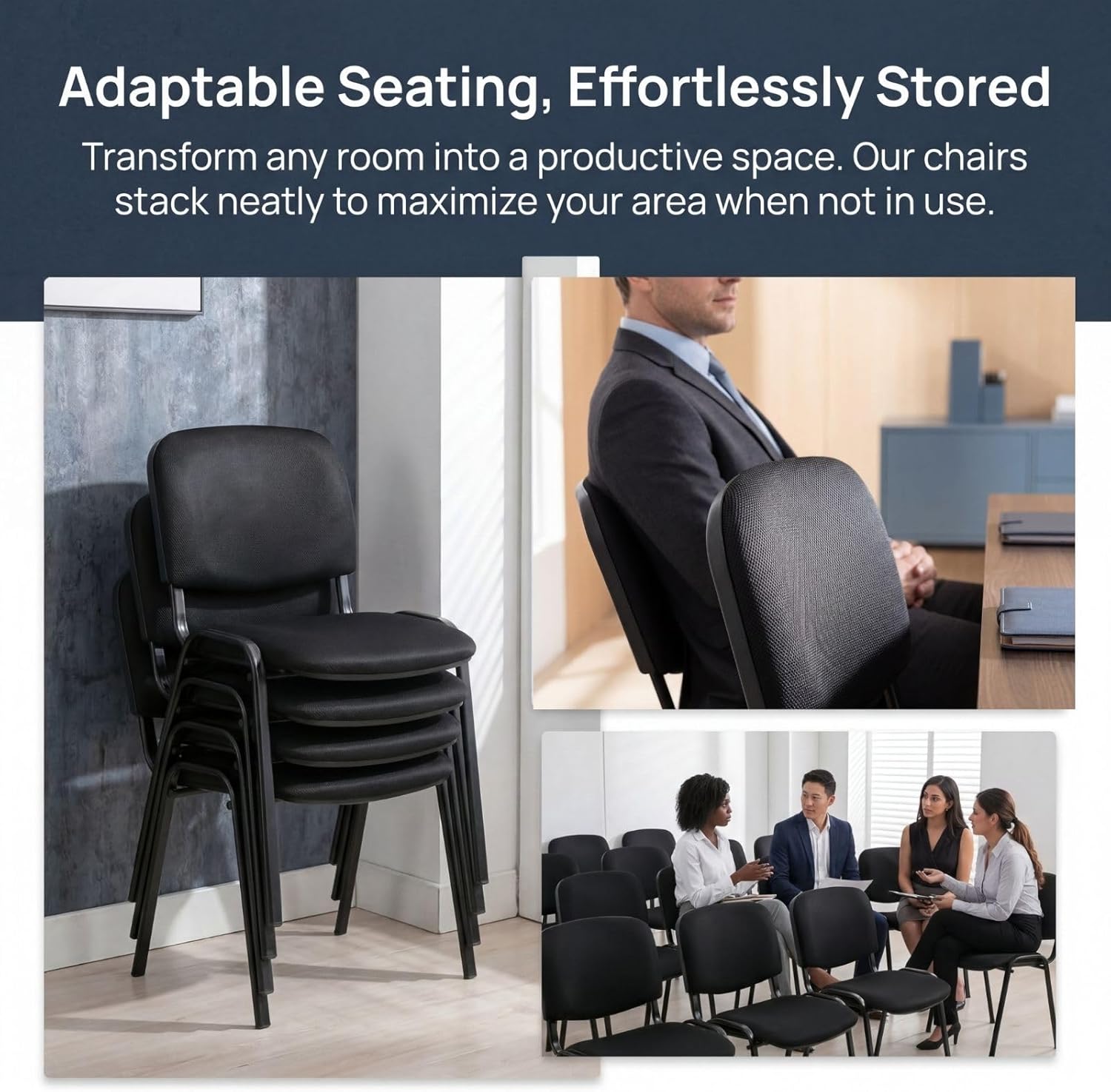 Stackable Office Guest Chairs, Reception Waiting Room Chairs with Padded Seat & Back, Armless No Wheels Conference Chairs for Office Meeting Lobby, Set of 10, Black Mesh Fabric