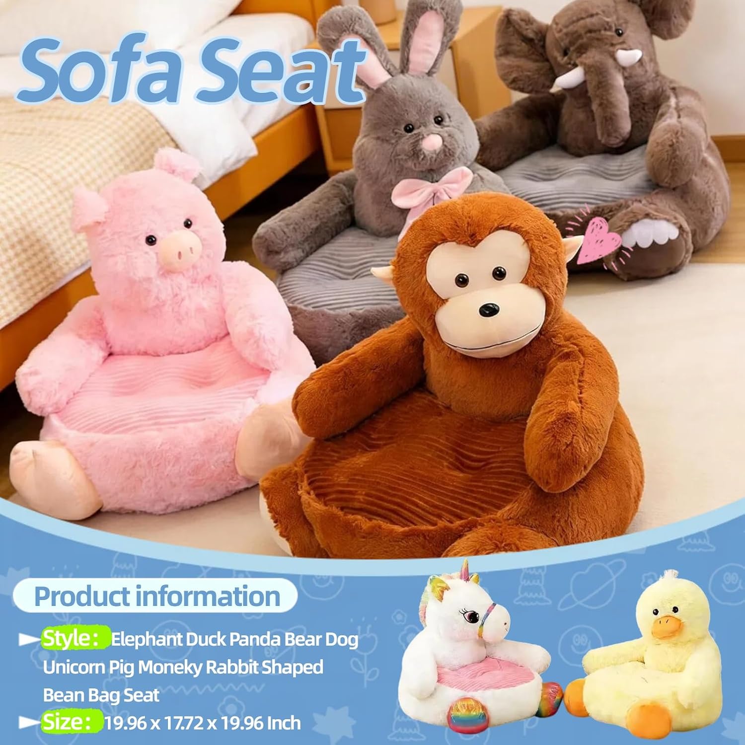Plush Bean Bag Chair Comfy Reading Small Couch Cozy Floor Chairs Bedroom Chairs Cute Cartoon Mini Armrest Sofa Seat Animal Shaped Cushion Room Decoration 50cm / 45cm / 50cm (Dark Brown)