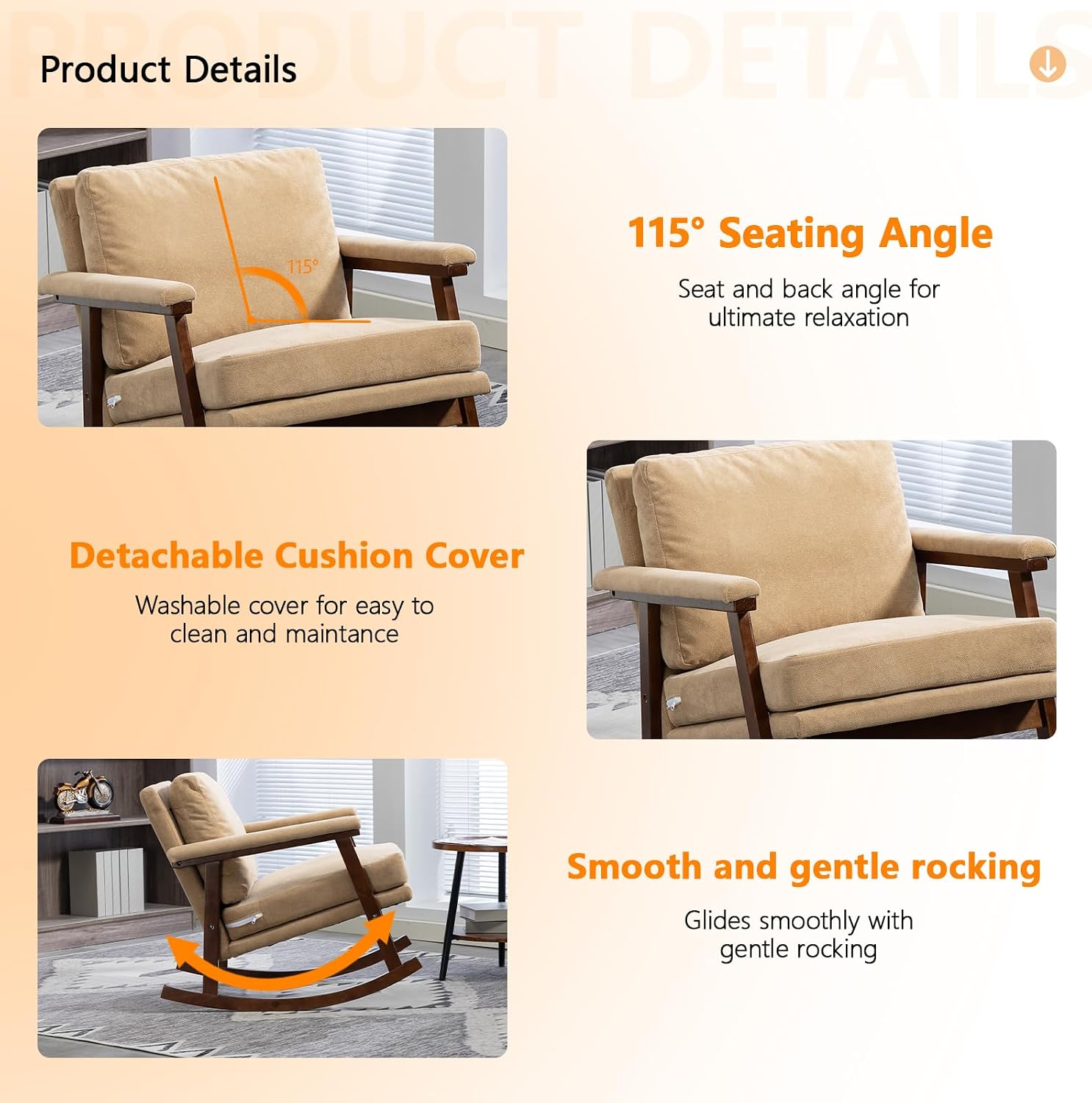 Nursery Rocking Chair with Upholstered Cushion, Wooden Frame Glider Rocker for Nursery, Comfortable Reading Armchair for Living Room, Bedroom & Sunroom (Khaki)