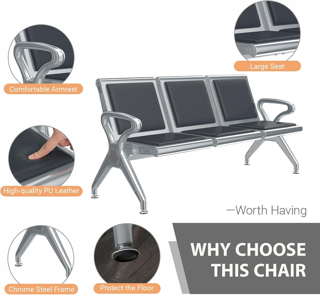 Kinfant 3-Seat Waiting Room Bench - PU Leather Waiting Room Chairs with Arms Airport Reception Bench, Lobby Bench Seating Office Bench Waiting Area Chairs for Airport Business Hospital Market