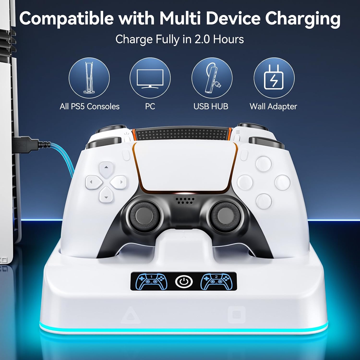 PS5 Controller Charger Station, Drop & Go Design Compatible with Sony PlayStation 5 DualSense/Edge Remotes, Fast Charging Dock with RGB Light & LED Indicator, Must Have PS5 Accessories