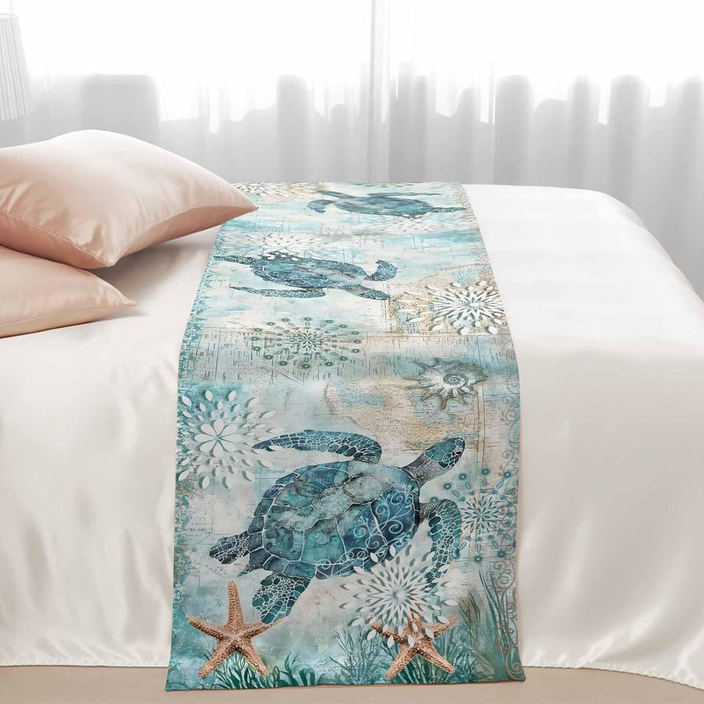 Bed Runner for King Size Bed, Coastal Sea Turtle Decorative Bed Runners Scarves for Bedroom, Teal Nautical Beach Starfish Vintage Washable Bedding Scarf Cover Bed Runner for Foot of Bed