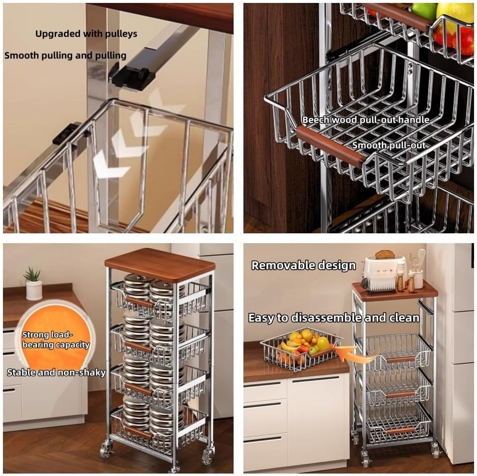 5-Tier Rolling Fruit & Vegetable Storage Cart with Drawers, Extra-Thick Metal Kitchen Organizer Cart on Wheels, Fruit Basket Stand& Fruteros para Cocina, Narrow Pantry Cart for Storage