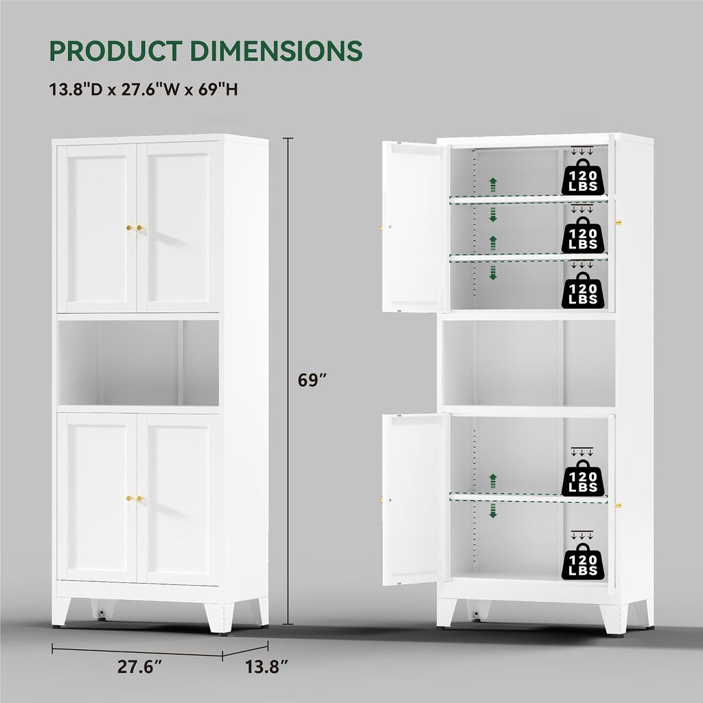 COFaR 69" Tall Modern Kitchen Pantry,Metal Storage Cabinet with Adjustable Shelves,Pantry Cabinet with 6-Tier,Freestanding Cupboard for Kitchen,Dining Room,Living Room,Bathroom,White