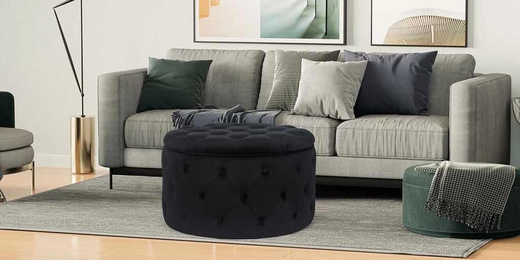Joveco Round Storage Ottoman, Button Tufted Upholstered Ottoman with Removable Top, Storage Bench Coffee Table Footrest Stool for Living Room Bedroom Entryway (Black,M)