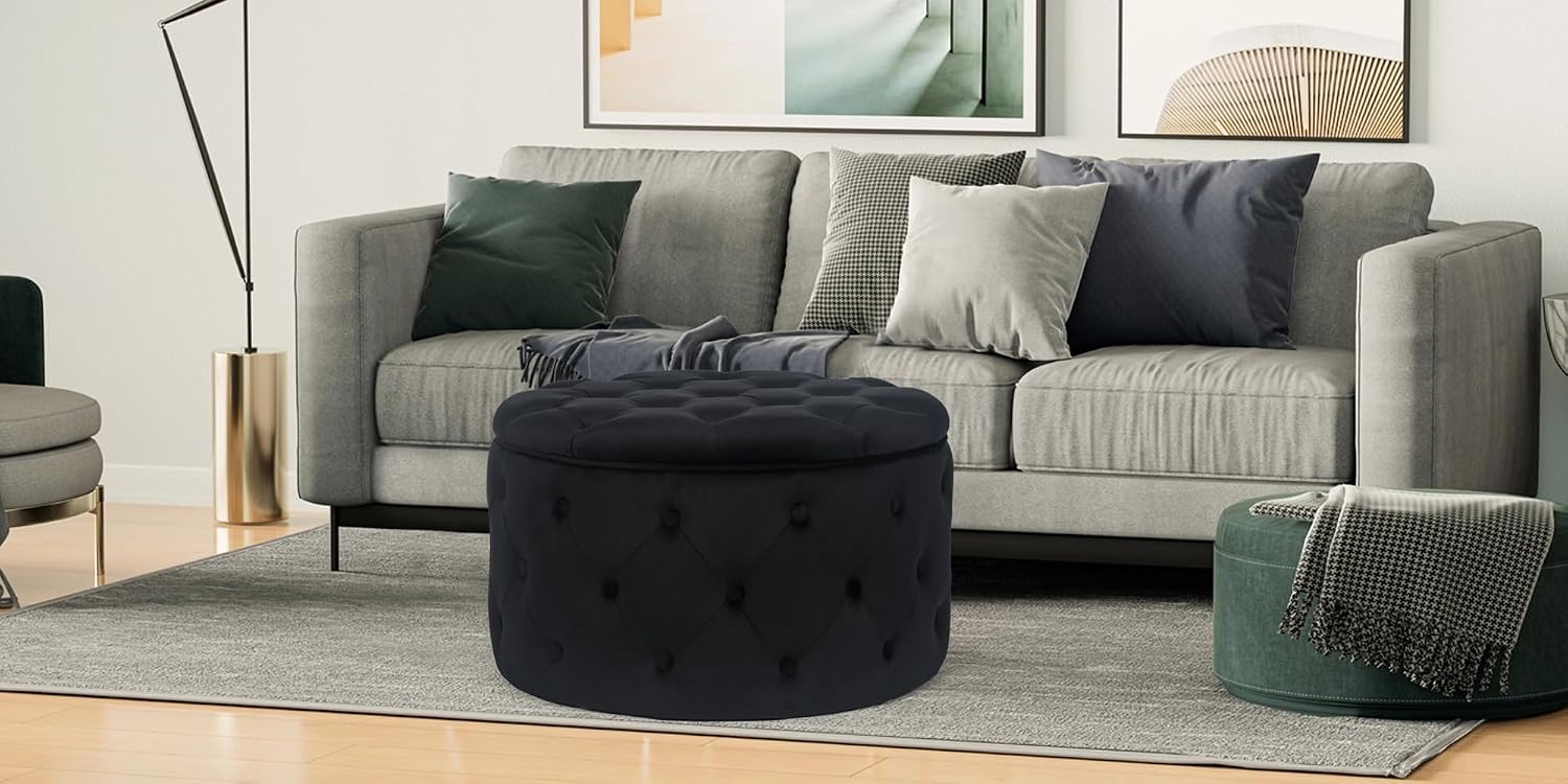 Joveco Round Storage Ottoman, Button Tufted Upholstered Ottoman with Removable Top, Storage Bench Coffee Table Footrest Stool for Living Room Bedroom Entryway (Black,M)