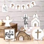 Jetec 12 Pcs Easter Decorations for Home Easter Tiered Tray Decor Set Christian He Is Risen Tray Decor Cross Wooden Sign Rustic Farmhouse Spring Table Religious Tabletop Farmhouse for Home Kitchen