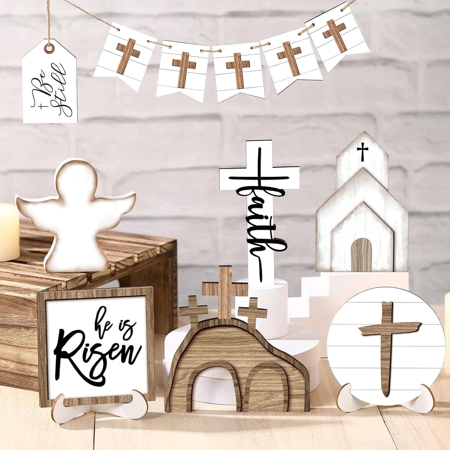 Jetec 12 Pcs Easter Decorations for Home Easter Tiered Tray Decor Set Christian He Is Risen Tray Decor Cross Wooden Sign Rustic Farmhouse Spring Table Religious Tabletop Farmhouse for Home Kitchen
