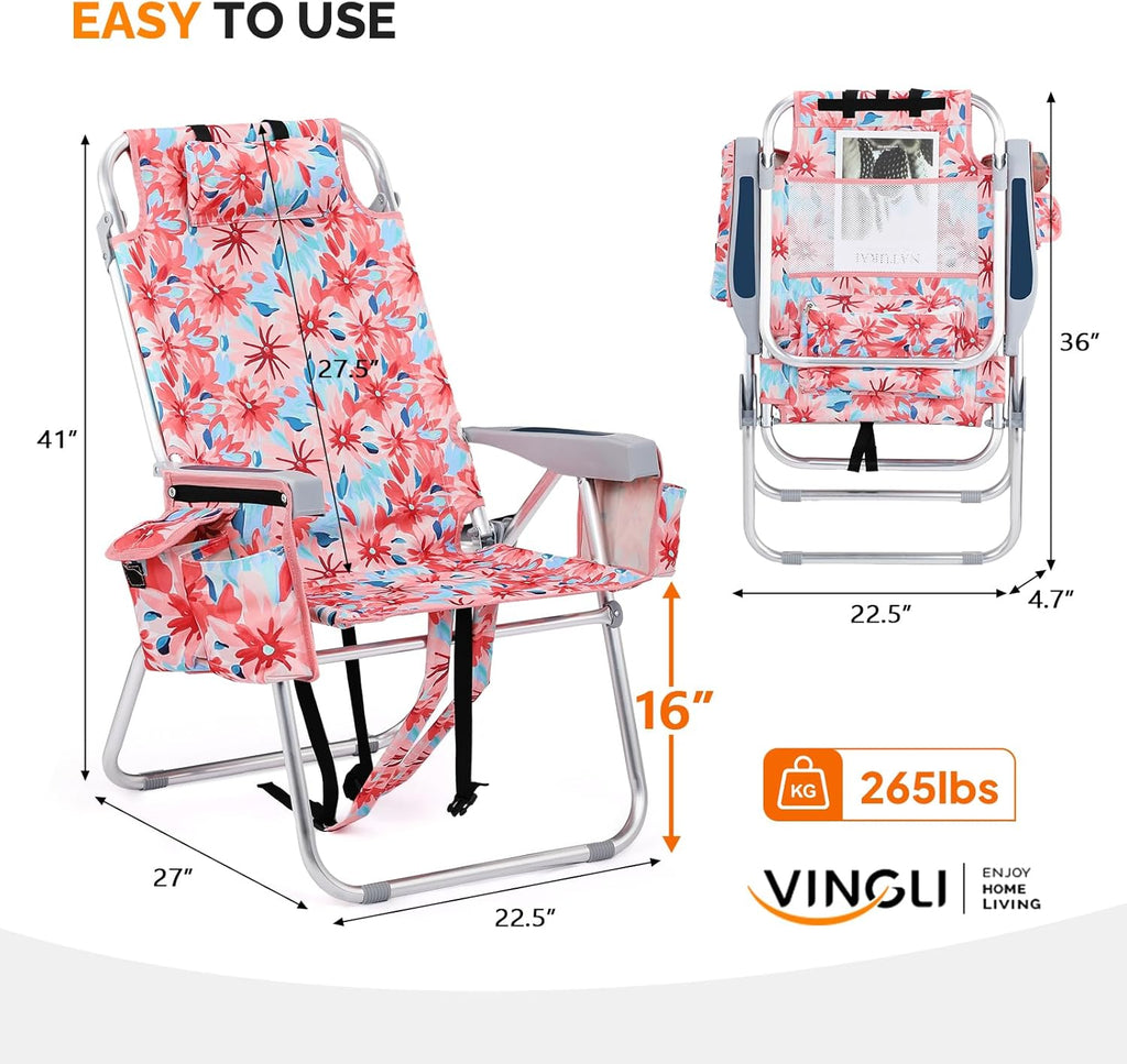 VINGLI Tall Beach Chair 2 Pack Lightweight, Backpack Beach Chair for Adults with 5-Position, Cooler Bag, Cup Holders, Towel Bar, Lightweight Folding Beach Camping Chairs