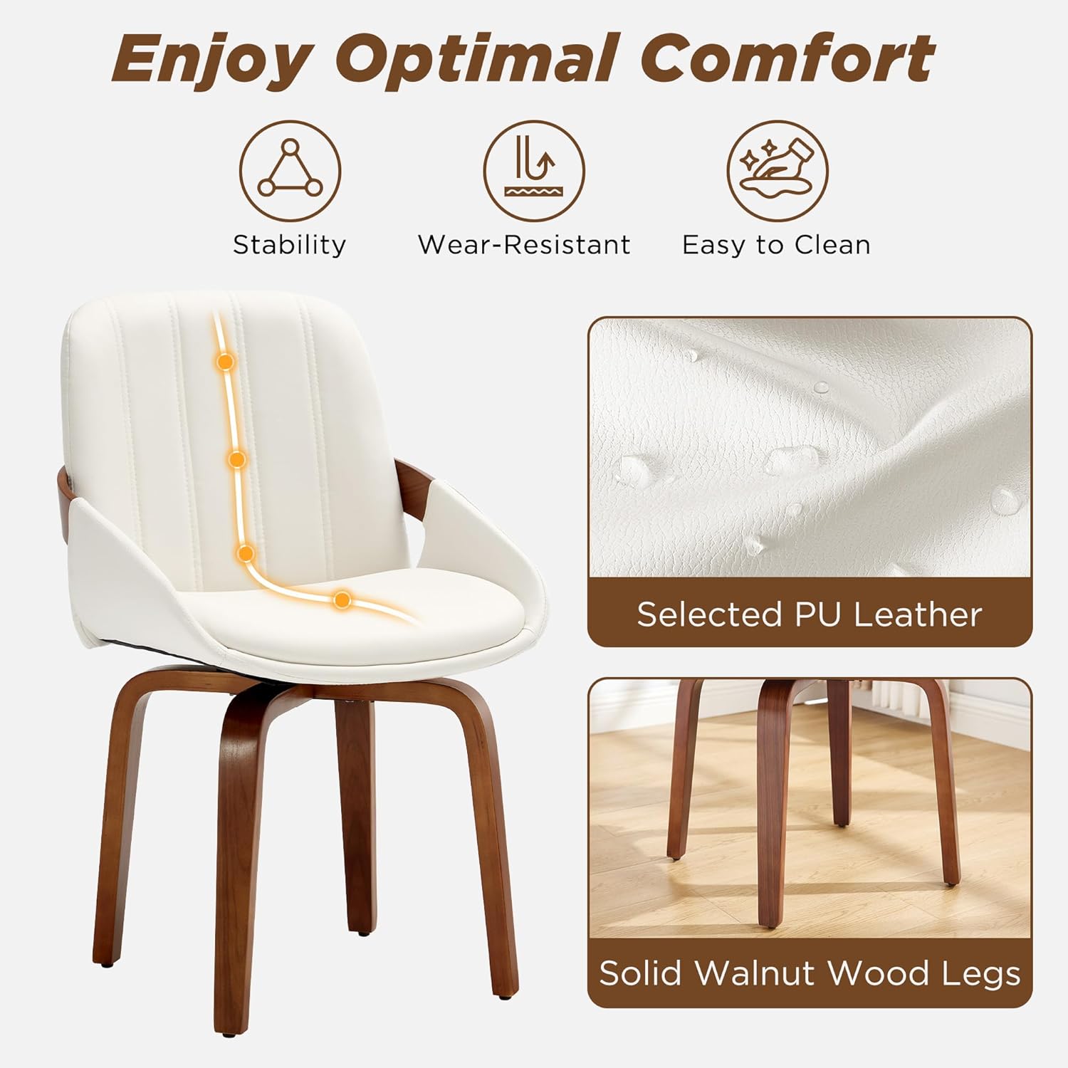Swivel White Dining Chairs Set of 4, Mid Century Modern Faux Leather Dining Room Chairs with Arms, Upholstered Kitchen Vanity Accent Chair, Walnut Backrest Support & Sturdy Wood Legs