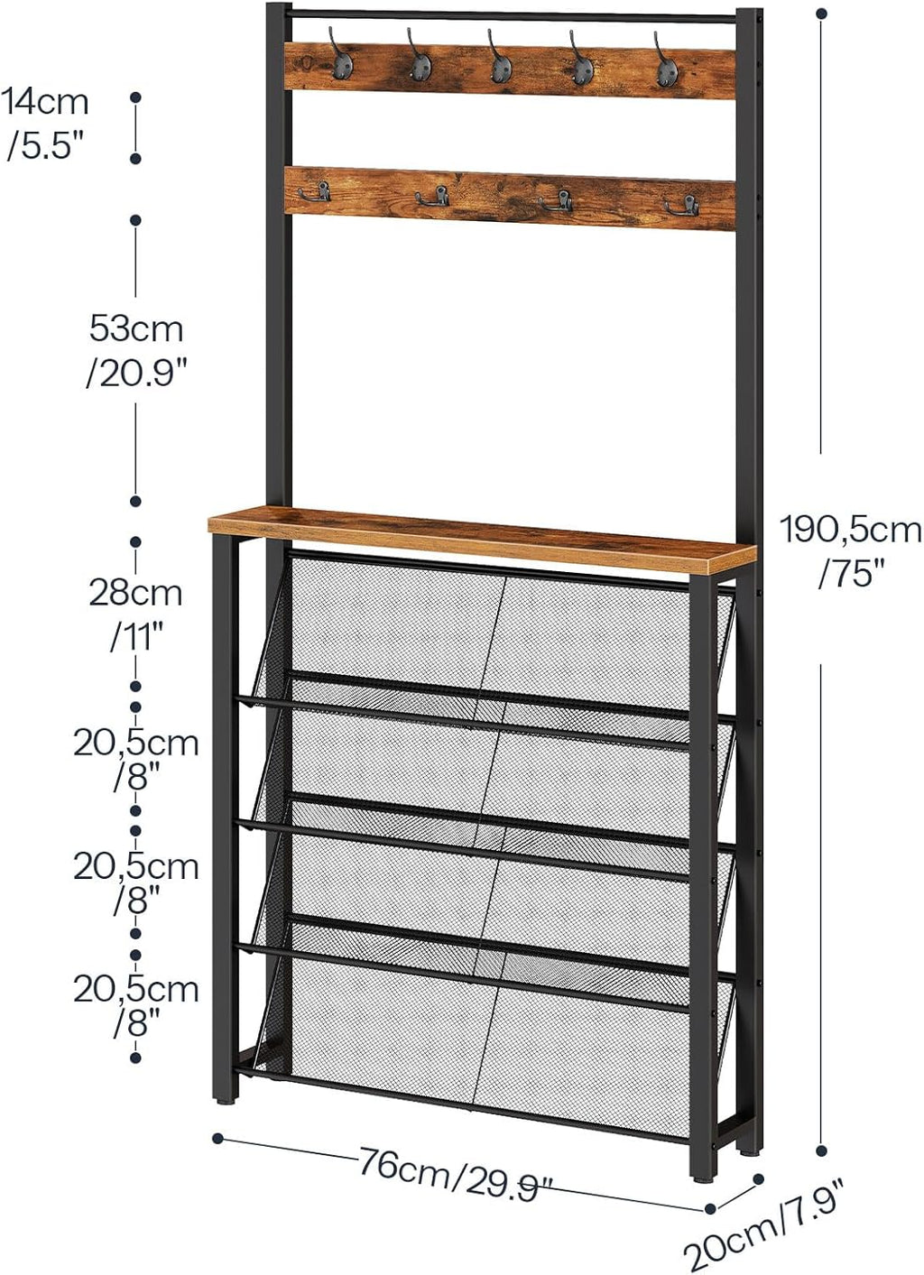 HOOBRO Hall Tree with Bench, Narrow Shoe Rack with Coat Rack, Coat Rack with Shoe Storage, 5 Tier Slanted Shoe Storage Organizer, Coat and Shoe Rack Entryway, Slim Hall Tree, Rustic Brown BF20MT01