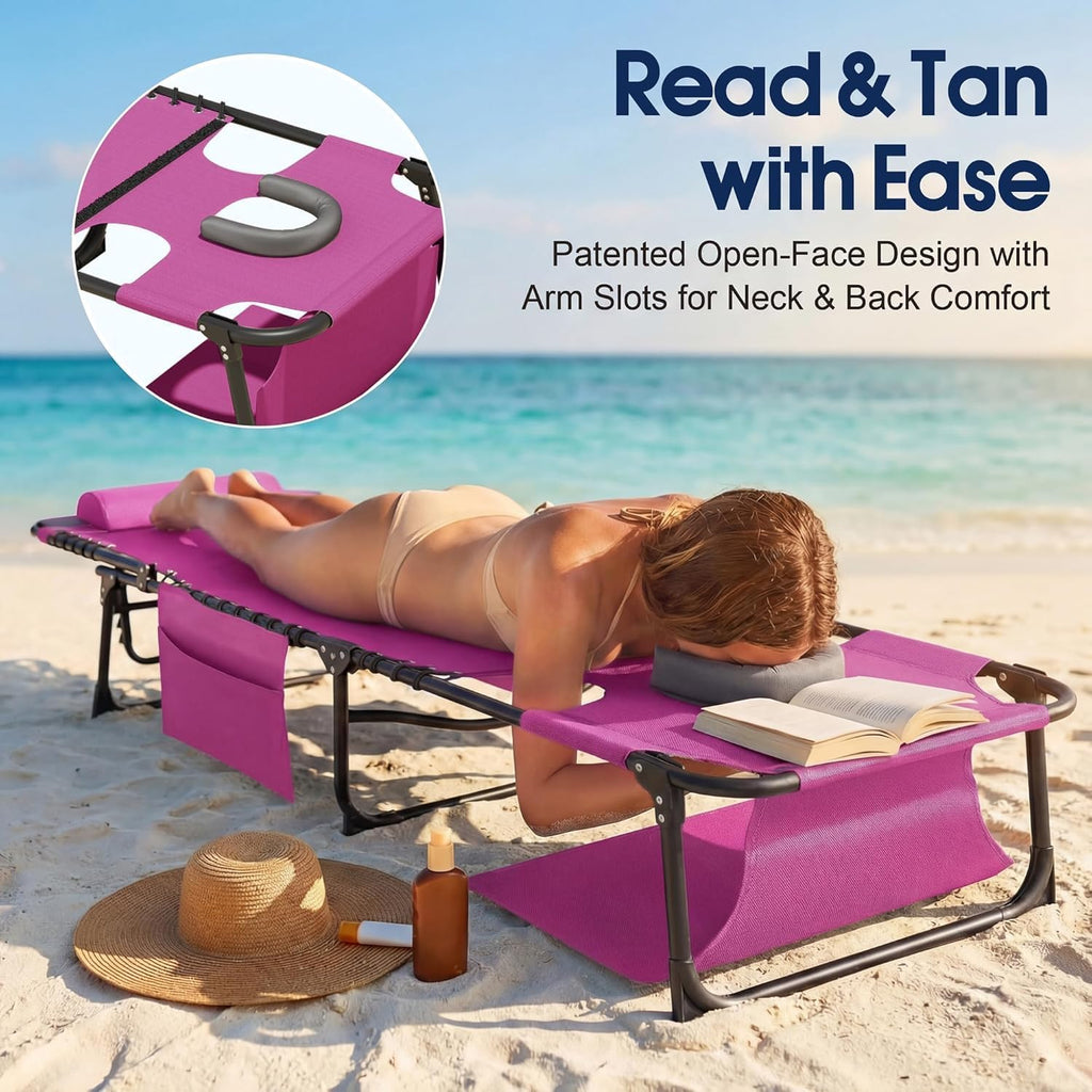 Flamaker Oversize Face Down Chaise Lounge Chair, 27 Inch WideFoldable Outdoor Patio Chair, 5-Position Adjustable Tanning Chairwith Face& Arm Holes for Sunbathing, Pool, Beach, Lawn (Pink, 1Pcs)