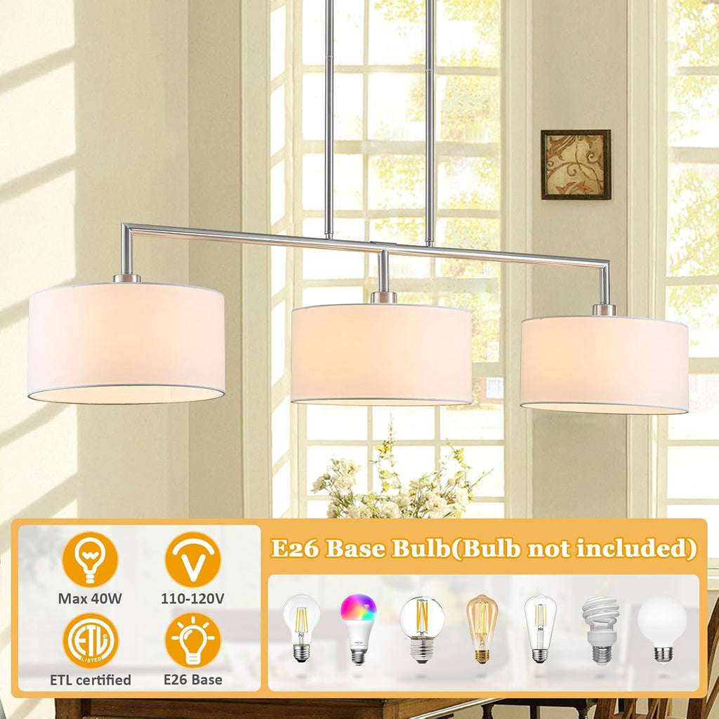 47" Linear Kitchen Island Lighting 3-Light Brushed Nickel Chandelier with White Fabric Drum Shade Adjustable Hanging Pendant Light for Dining Room Light Fixtures Over Table,Kitchen,Bar,Living Room,E26
