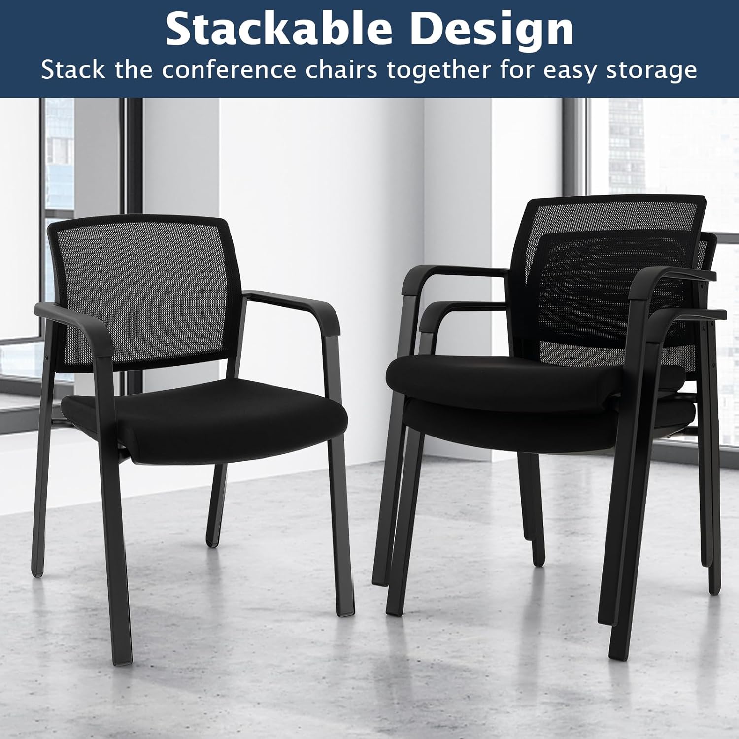 Giantex 2-Pack Reception Room Chair Set with Mesh Back, Metal Frame & Padded Seat, Armrests, No Wheels, Stacking Guest Chairs for Office, Waiting Room, Lobby, Meeting, Black