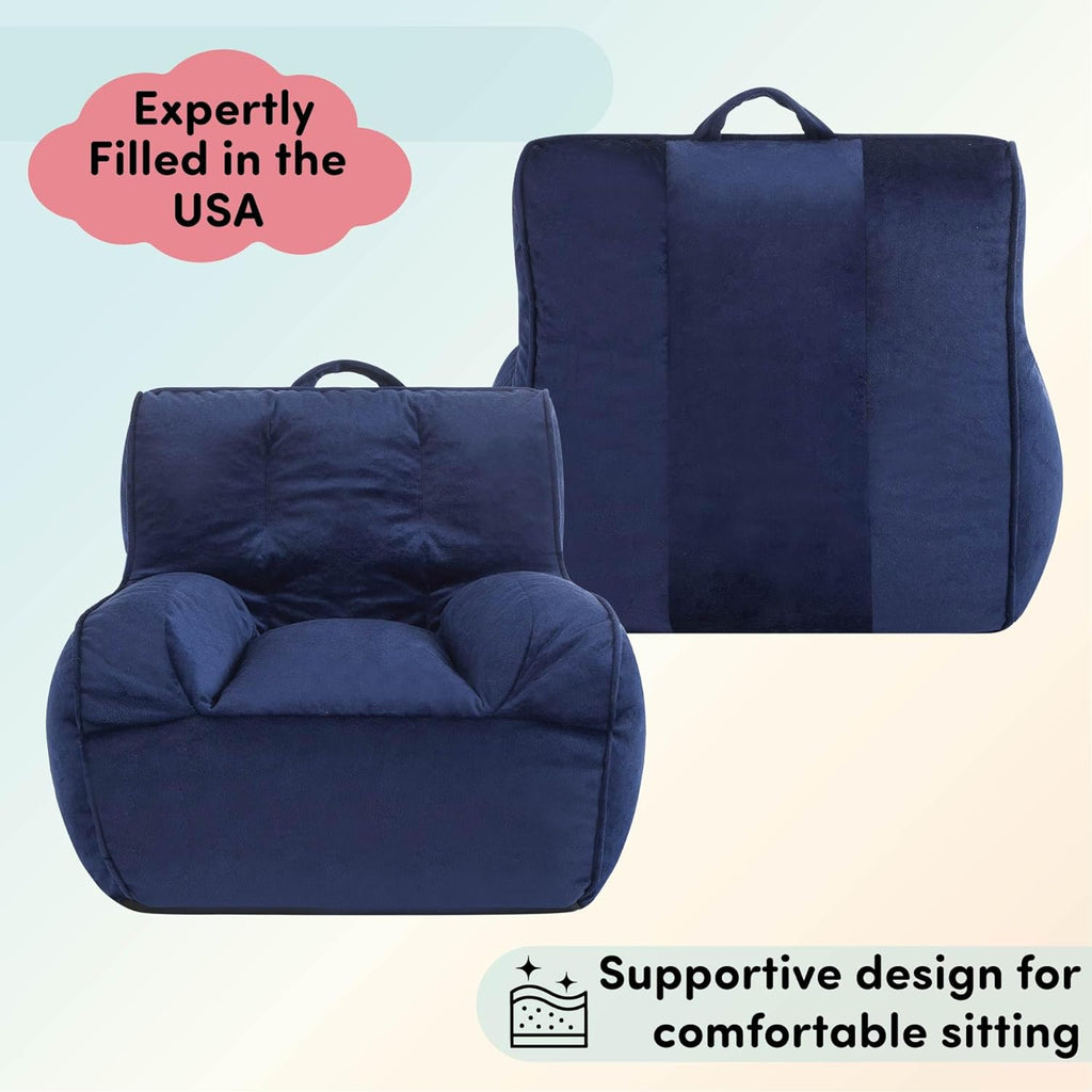 Heritage Kids Pod Square Back Kids Bean Bag Chair, Soft Plush Lounge Seat for Bedroom or Playroom, Navy