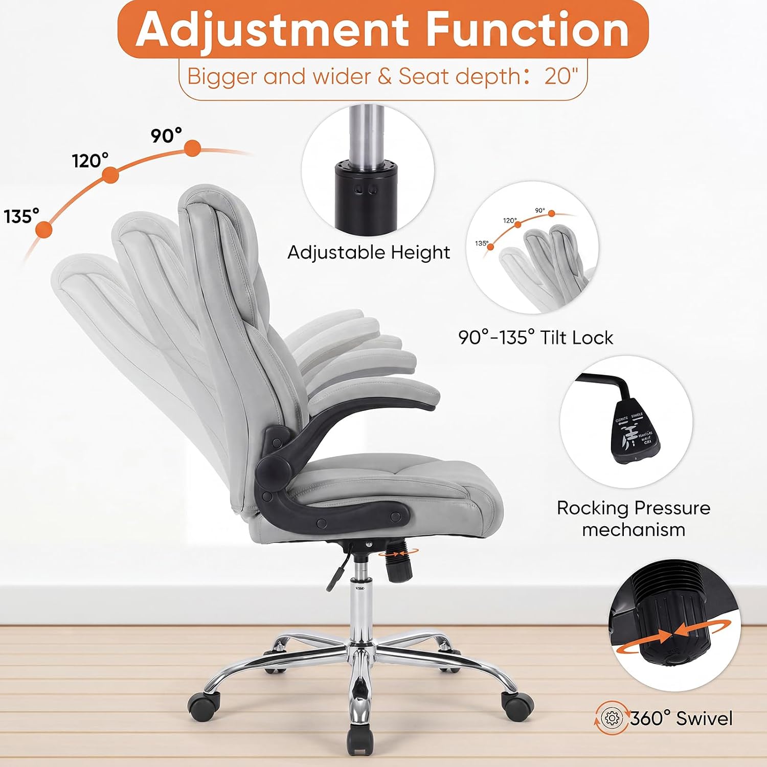 Sweetcrispy Office Computer Gaming Chair, Ergonomic High Back Heavy Duty Task Desk Chairs with Wheels, Flip-up Arms, Adjustable Height, PU Leather, Grey