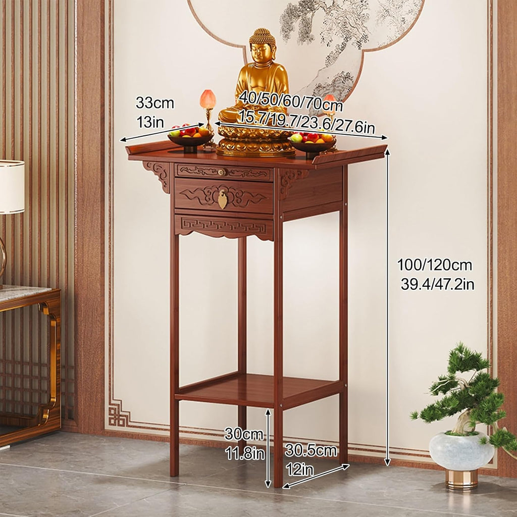 Meditation Table, Altar Cabinet with Pull-Out Storage Board, Personal Shrine Stand for Homes and Temples