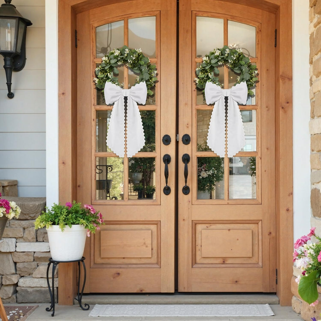 2 Pcs Scalloped Wreath Sash for Front Door Ruffle Wreath Ribbon for Yard Porch Garland Home Decor(White)